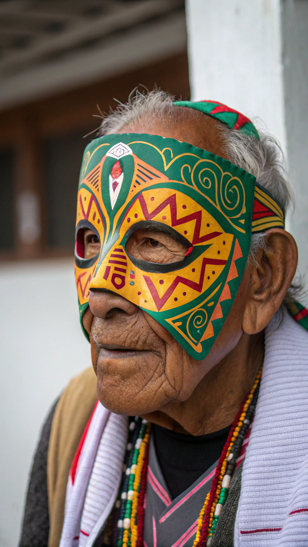 AI generated image by Red Panda AI: hombre anciano con una mascara de aya huma doble cara colorida indigena