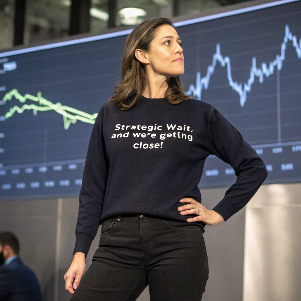 AI generated image by Red Panda AI: there is a stunningly beautiful woman who wears a shirt that says, "Strategic Wait, and we're getting close!" in clear, obvious, font, there is a money flow somewhere, stock market motif "Strategic Wait, and we're getting close!" is the text,