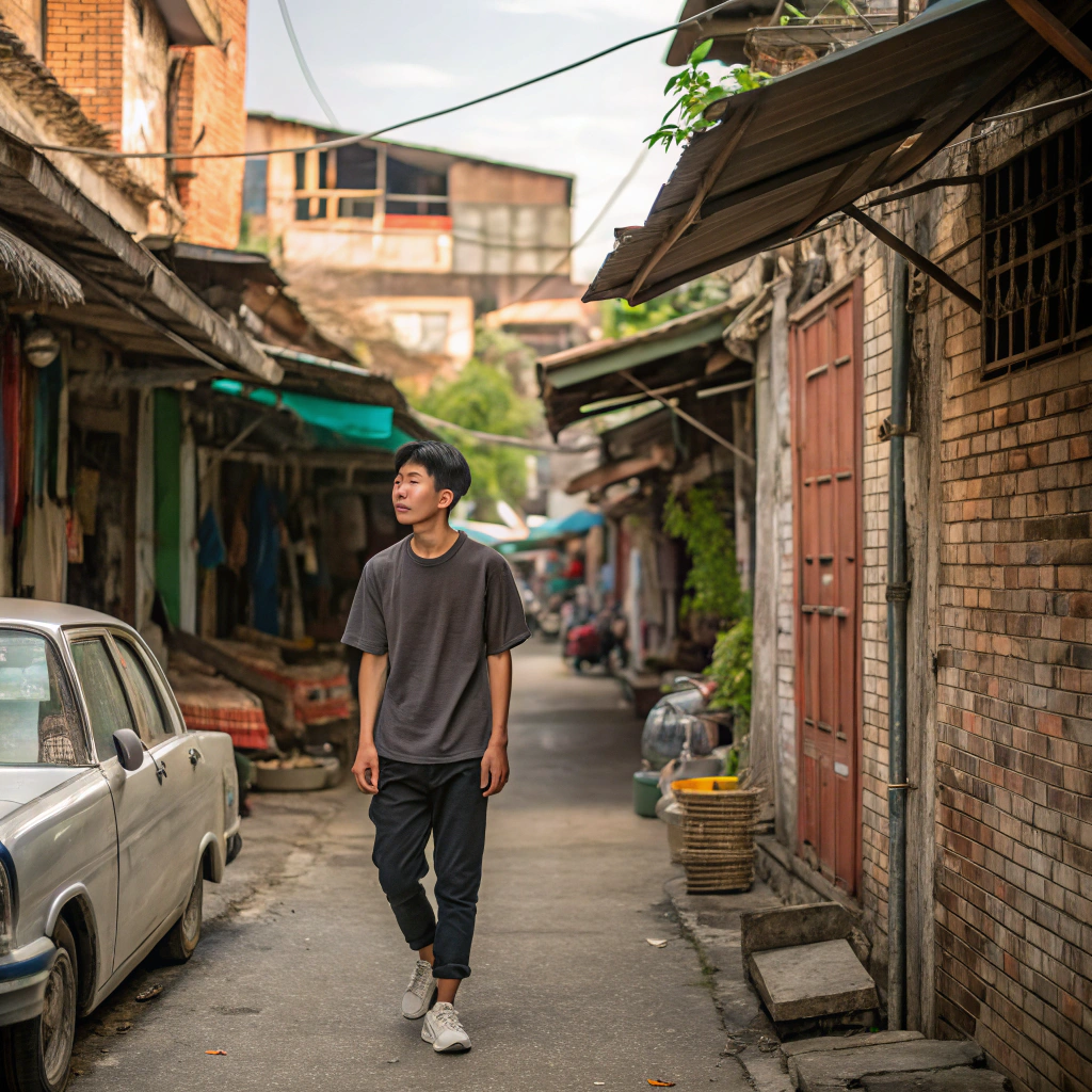 AI generated image by Red Panda AI: young Thai man walking in the alley Among the places selling old parts And there are old car wrecks. wall park Decayed brick construction In the Thai-Chinese community area