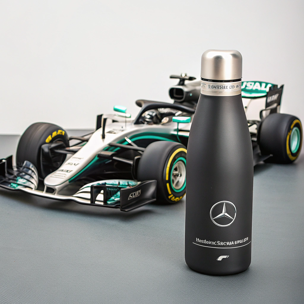 AI generated image by Red Panda AI: Contrastar un monoplaza de formula 1 ecológico actual con una botella de agua premium