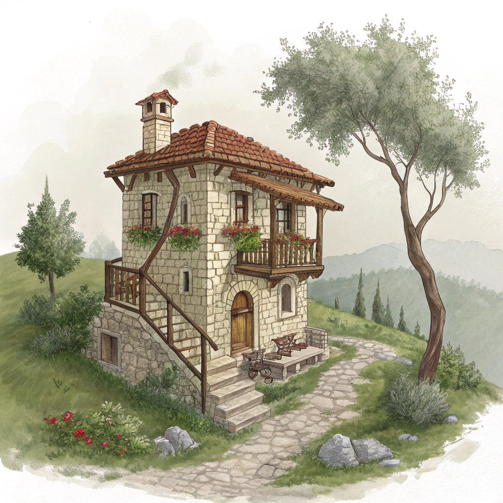 AI generated image by Red Panda AI: A tiny cottage on a hillside, among olive trees, with a foundation, ground floor, chimney and fairy-tale staircase tower made of natural stone, with a seating area of ​​50 m2, a second floor made of wood, and a tiled roof. It also needs a balcony with flowers and an entrance veranda. Let the stone staircase tower be fairy-tale. Let the entrance of the house be from the upper level of the slope, and let the family getting out of the car be seen at this entrance. Let the garden below be reached through a wet veranda from the lower floor.