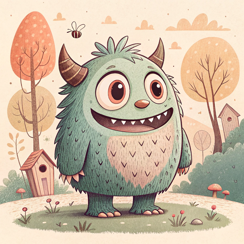 AI generated image by Red Panda AI: génère moi une image d'un monstre non genré qui ne ressemble pas a un animal que l'on connait qui serait un personnage principale d'une histoire dessinée dans un style vintage 2D pour enfant en maternel