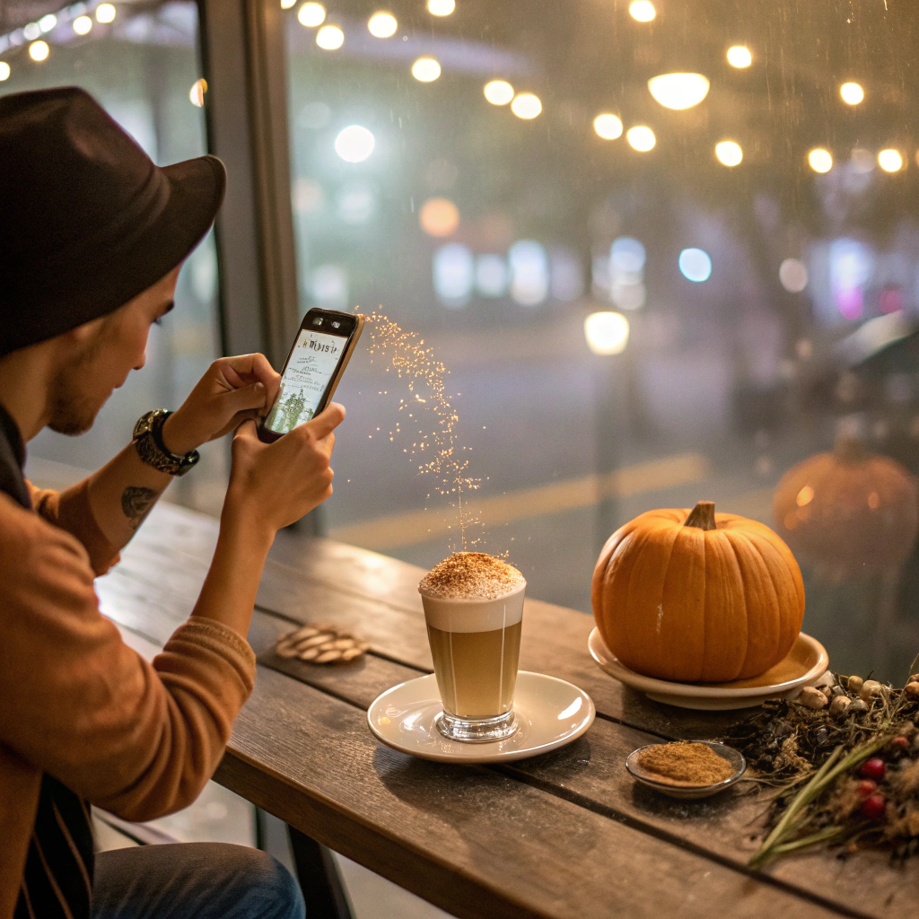 AI generated image by FLUX.1-schnell: a hip millennial taking a phone picture of pumpkin spice sprinkling on a latte. hazy iridescent hue. direct lighting. night.