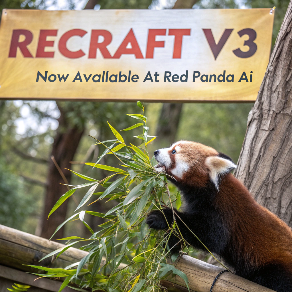 AI generated image by Red Panda AI: a red panda eating a bamboo in front of a poster that says "recraft V3 now available at red panda ai