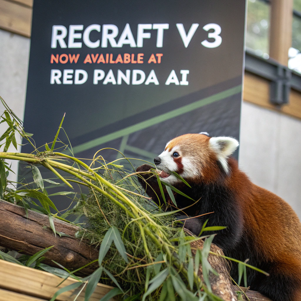 AI generated image by Red Panda AI: a red panda eating a bamboo in front of a poster that says "recraft V3 now available at red panda ai