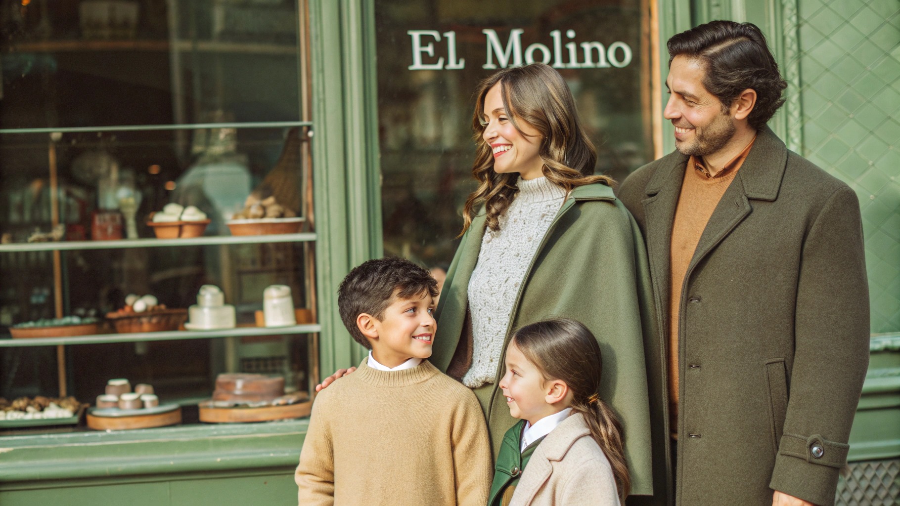 AI generated image by Red Panda AI: Retrato de una familia española en México con un fondo de la pastelería "El Molino".