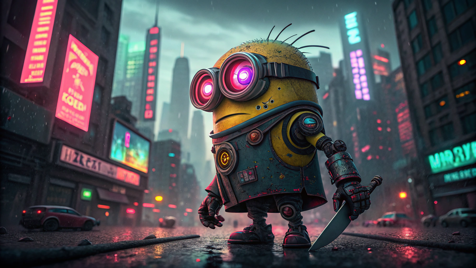 AI generated image by Red Panda AI: cyborg ninja minion with glowing multicolored eyes (each with a different bright, neon hue) and metallic limbs in a dark, gritty, cyberpunk cityscape with vibrant, neon-lit skyscrapers and billboards in an anime semi realism style