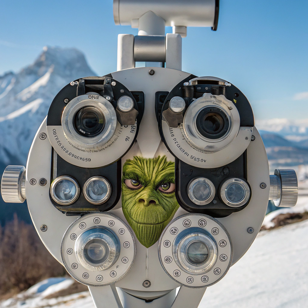 AI generated image by Red Panda AI: A realistic and symmetrical optometrist's phoropter machine, with all its dials, lenses, and components detailed and clearly visible, free from distortions or errors in text and numbers. The Grinch's mischievous green face is centered behind the phoropter, but both the Grinch and the machine are slightly farther away (approximately 15% more distant), creating a balanced composition. His eyes are still perfectly aligned with the central lenses of the phoropter, and his iconic smirk is visible. The background features a snowy mountain landscape under a bright winter sky. Ensure the perspective is accurate, the phoropter design flawless, and the composition well-proportioned for clarity.