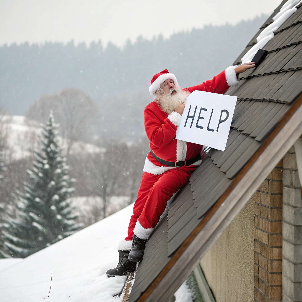 AI generated image by Red Panda AI: Santa Claus has fallen from a roof. He's hanging on to the edge of the roof by his pants. He's holding a white sign that reads “Help”.