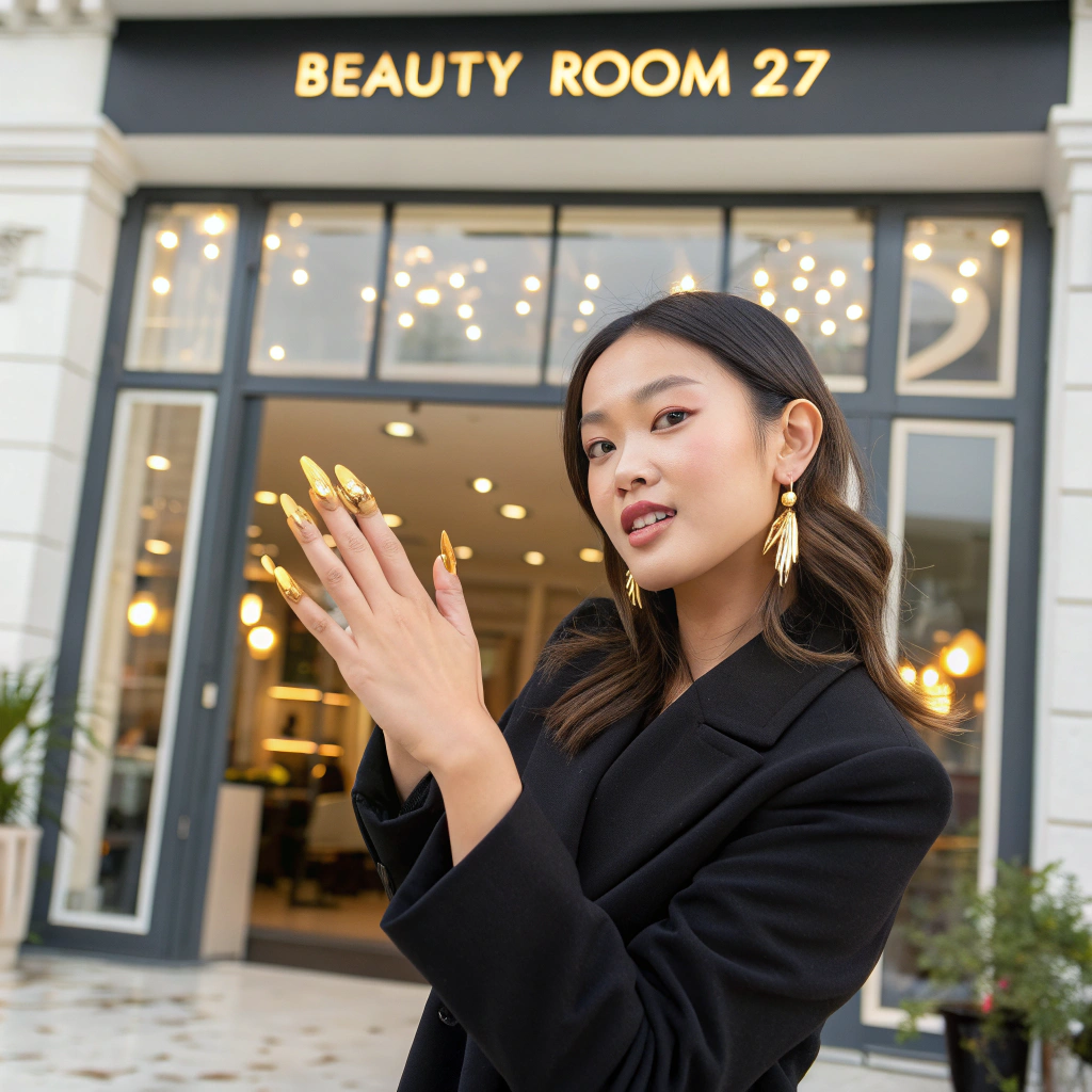 AI generated image by Red Panda AI: Beautiful girl is showing her beatiful gold nails in front of beauty studio for nails called beauty room 27