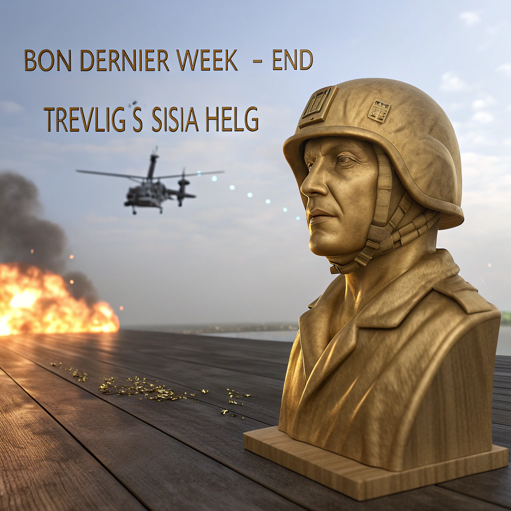 AI generated image by Red Panda AI: Cree una ilustración en 3D de un retrato dorado sin rostro con las palabras: "BON dernier Week - end", "Trevlig sista helg",
Una composición digital que evoca la violencia de la guerra yuxtapuesta a objetos pacíficos en un escenario melancólico que desarrolla una explosión violenta, posiblemente un bombardeo o un ataque, con dos helicópteros Apache volando en el cielo, 3 soldados camuflados paramilitares que representan un conflicto militar. La explosión es intensa, con fuego.
El suelo de madera oscura y envejecida contribuye a crear una atmósfera de abandono o un lugar de memoria. La luz es tenue y se centra en los objetos del primer plano, mientras que la escena de guerra permanece en un fondo más oscuro y misterioso.
El tono general es de tristeza, recuerdo y reflexión sobre los costos y las consecuencias humanas de la guerra. El estilo es realista, con una cuidada composición que transmite una poderosa narrativa emocional.