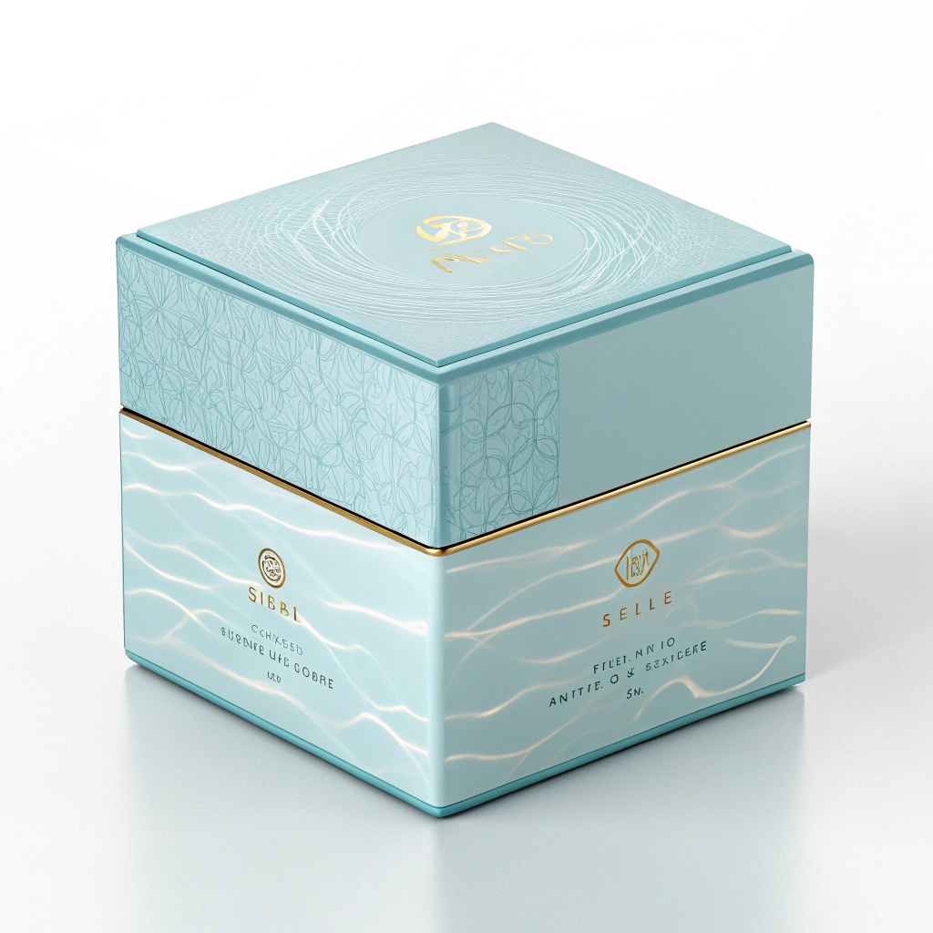 AI generated image by Red Panda AI: 3D render of a premium minimalist cosmetic packaging box in a soft sky-blue color, featuring a rounded-corner cube design with water-ripple texture or subtle glossy gradient on the surface. Incorporate foil stamping (gold or silver), partial UV spot gloss, and embossed brand name for an elegant, high-end look. Soft lighting highlights the box’s matte and glossy details, placed against a clean background. The design should evoke a hydrating skincare concept and convey a luxurious, modern feel.