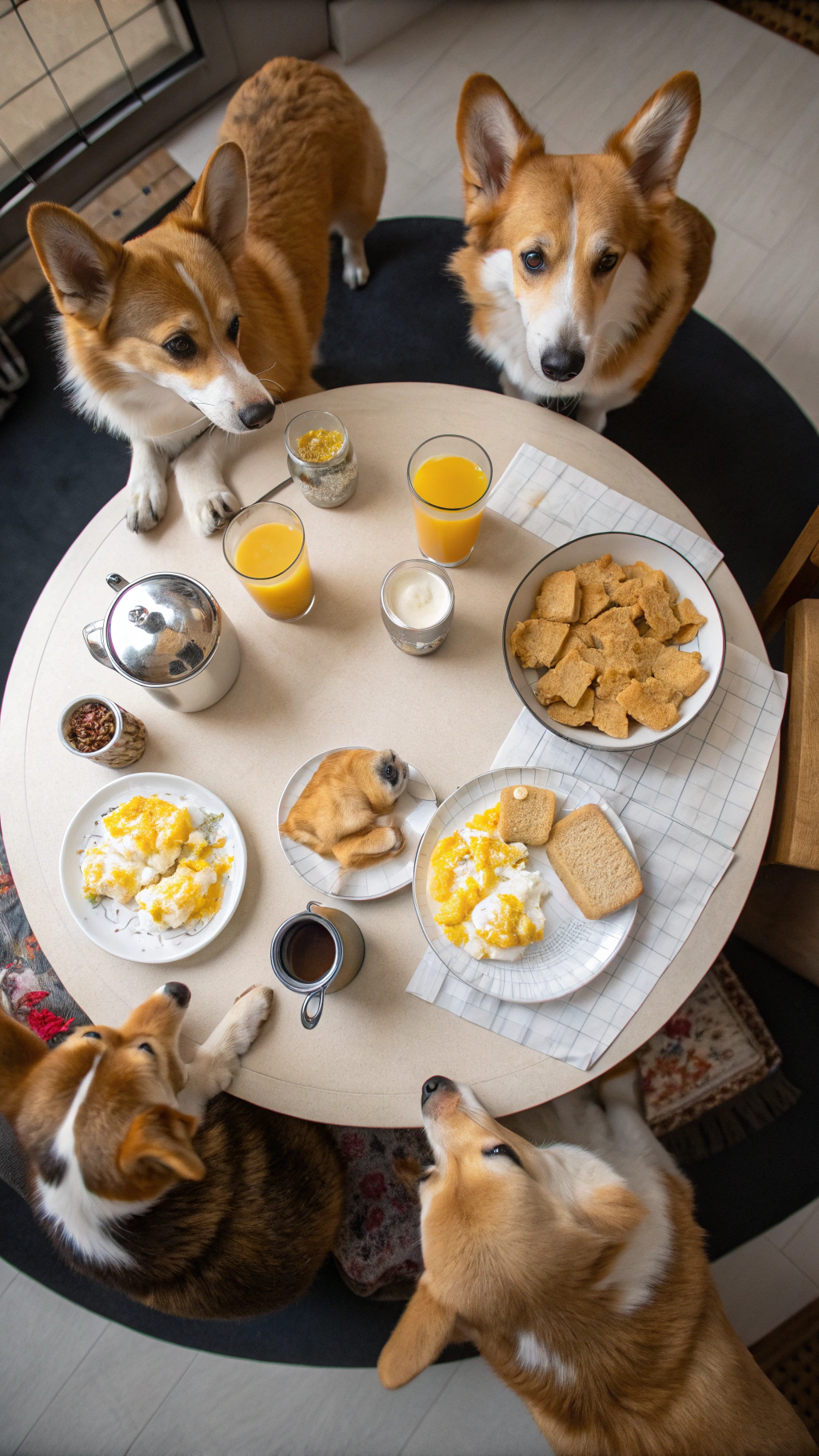 AI generated image by Red Panda AI: real life directly overhead fisheye lens video of a dog family of 6 corgis seated around a dining table eating breakfast with scrambled eggs, orange juice, cereal and toast. No humans.