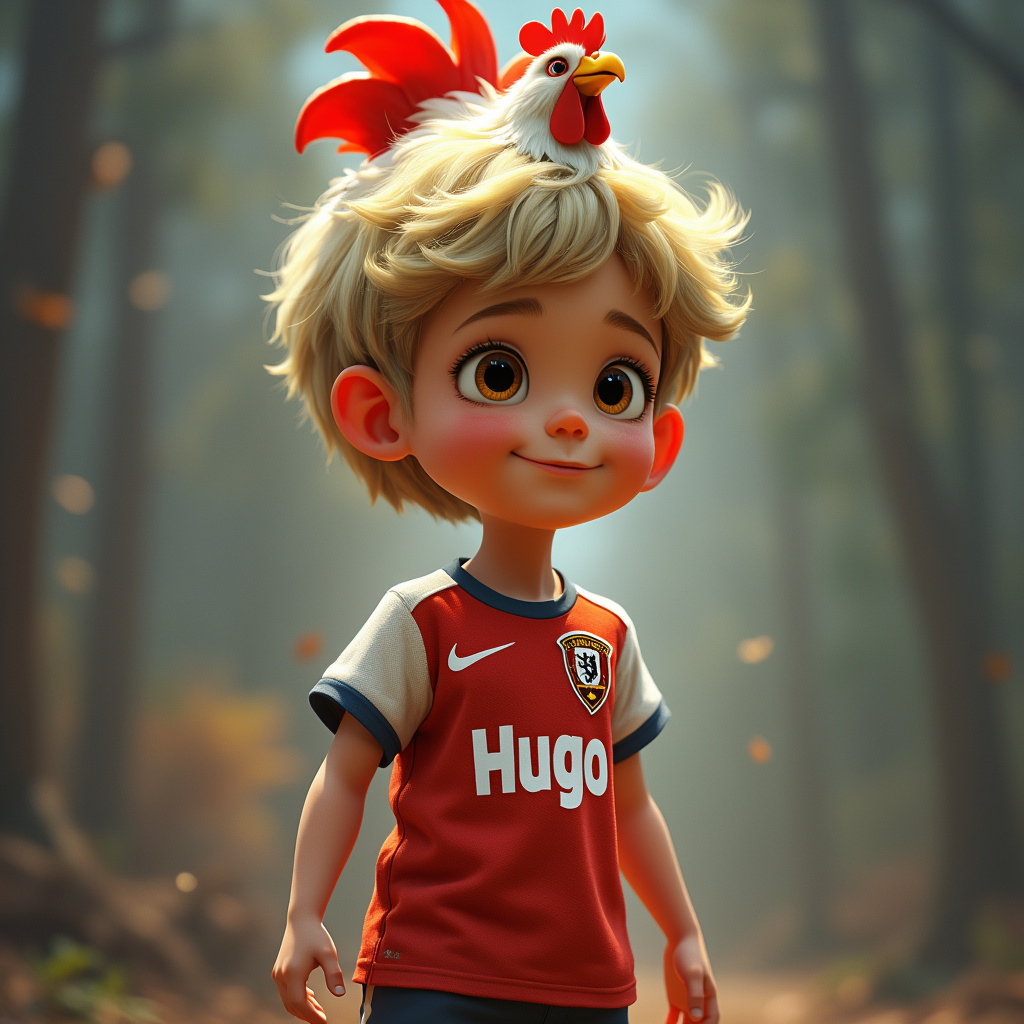AI generated image by FLUX.1-pro: Quiero hacer una imagen de un niño de 9 años que tenga una camiseta con el nombre de Hugo y un pollo en la cabeza