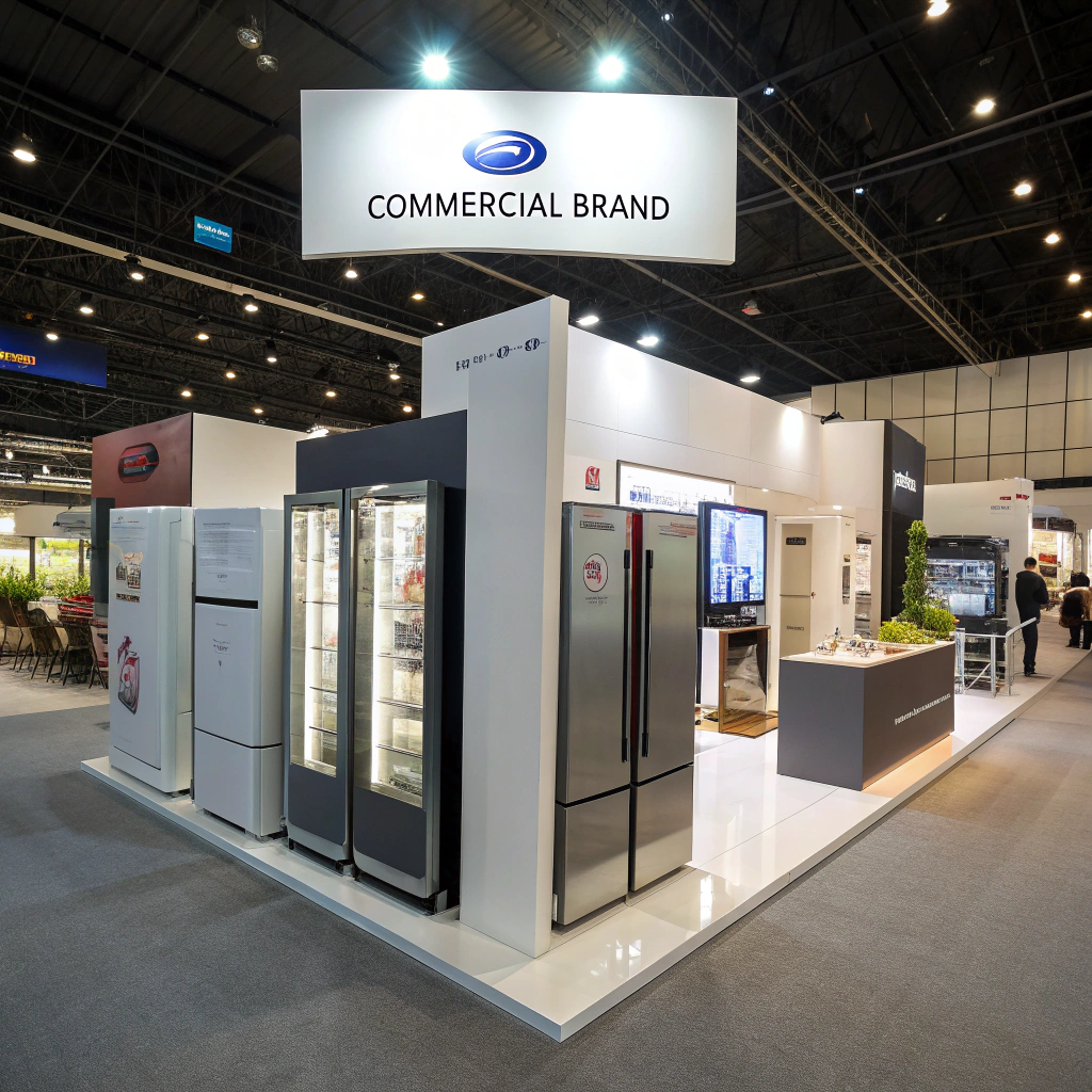 AI generated image by Red Panda AI: Create a modern design show trade booth where are diplayed refrigeratos for a commercial brand