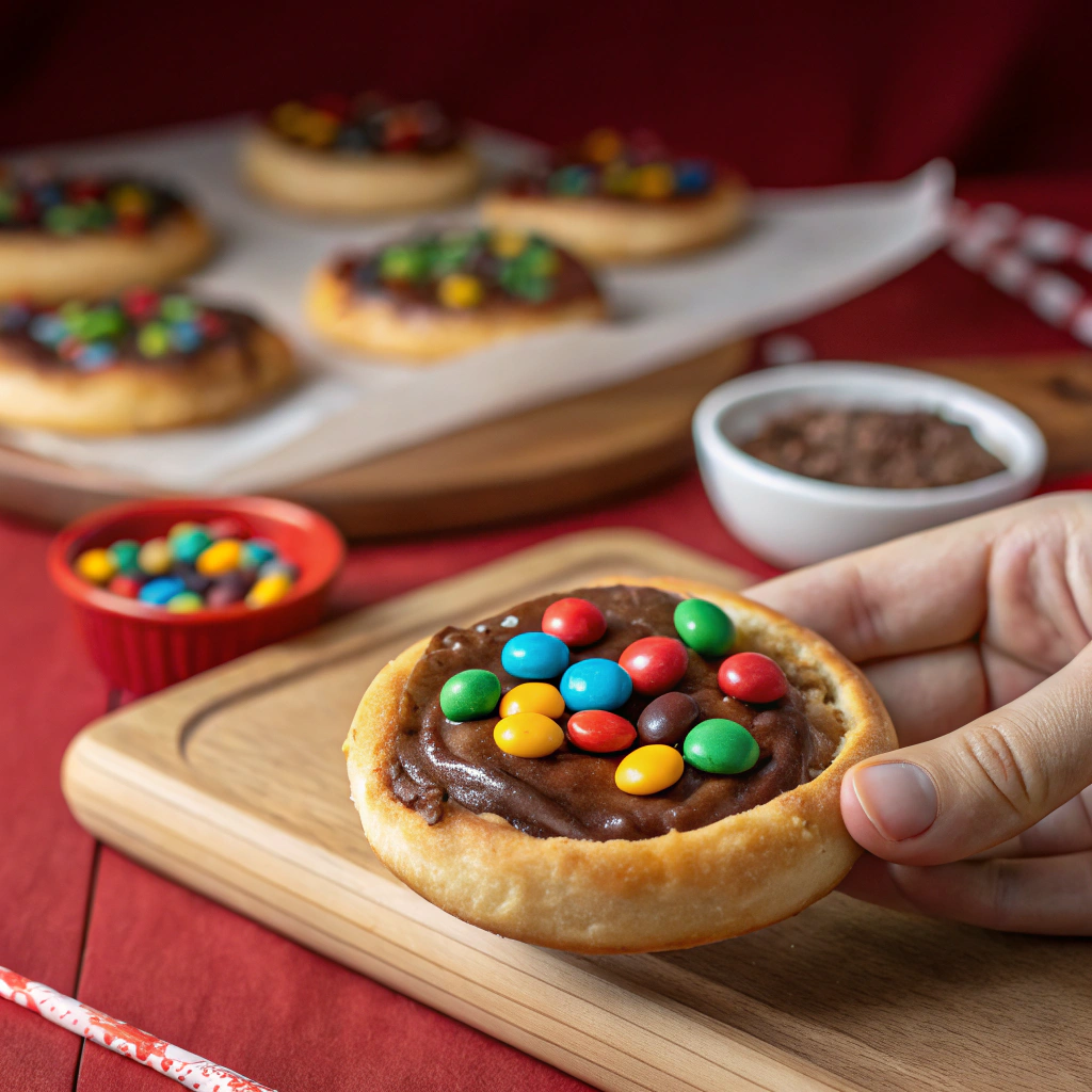 AI generated image by Red Panda AI: An over-the-shoulder shot where a hand holds a chocolate esfiha topped with MM's, positioned prominently in the foreground, with a table of additional esfirhas blurred in the background to suggest a welcoming group meal setting. The background is a warm, deep red, slightly softened to draw attention to the hand holding the esfiha. Directed lighting emphasizes the esfiha with subtle shadows for depth, and warm ambient light fills the entire scene. Captured on a Nikon D850 with a 50mm f/1.8 lens, the focus is on the vibrant colors and rich, delicious appearance of the dessert, showcasing the joyful, irresistible appeal of the chocolate filling.