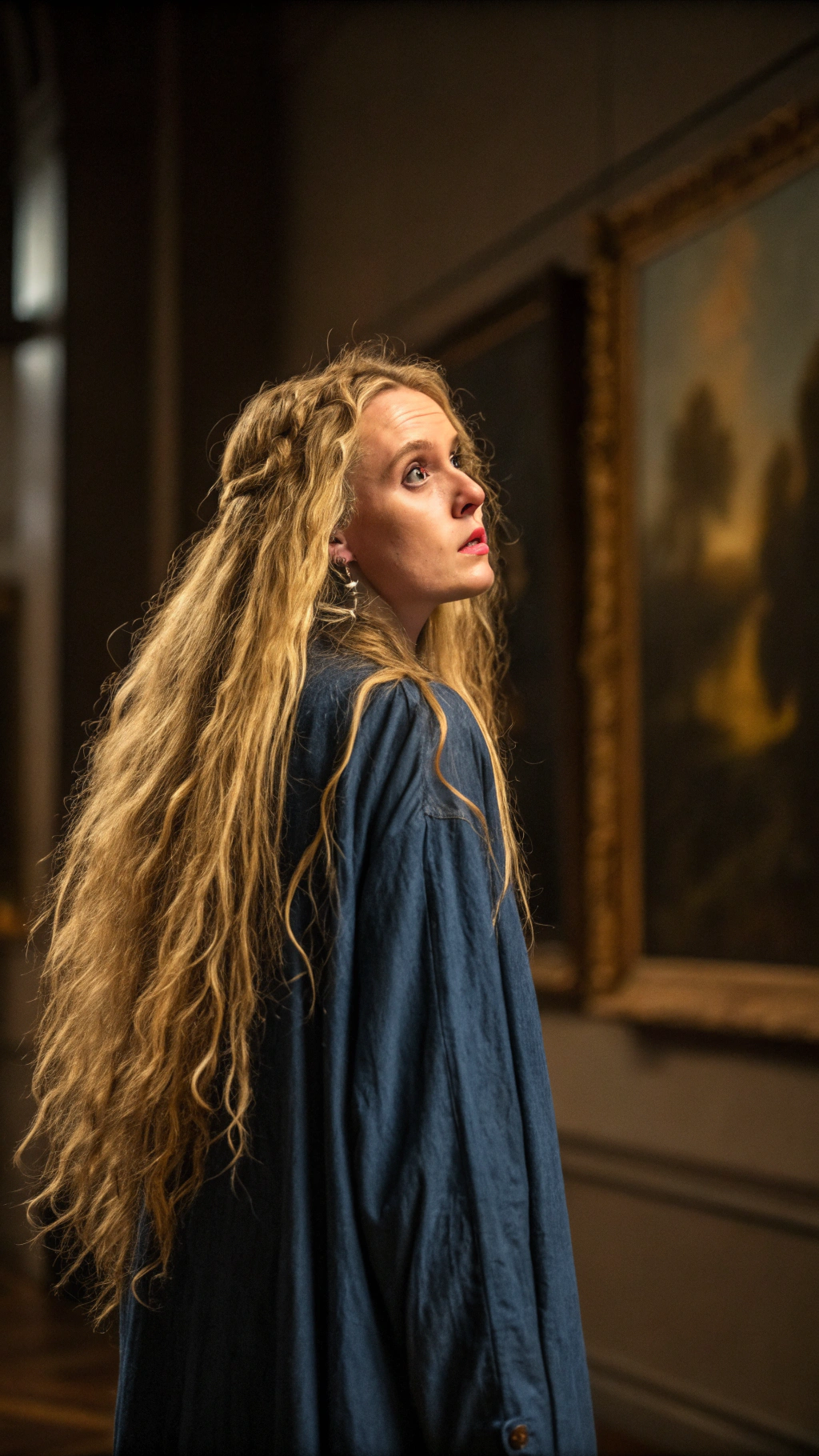 AI generated image by Red Panda AI: Classical oil painting in Impressionism style, Closeup portrait of a boho woman with long wild blonde hair, standing alone in a dark room, fine art painting, piercing black eyes, wearing a indigo nightgown, exaggerated anatomy, intricate details in her hair and clothing, warm lighting, surrounded by a softly blurred, dark patina background. Rich golden hues contrast with deep shadows, reminiscent of Baroque masters , Awe inspiring , surreal structured mix media art, stunning visuals, intricate details, Rembrandt scheme lighting, sunlight , global illumination, hdr