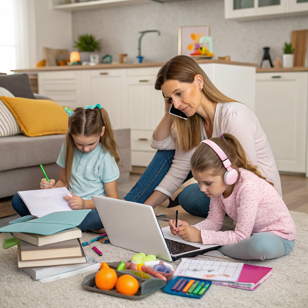 AI generated image by Red Panda AI: una imagen de dibujo de una madre multitareas, con la casa , con las niñas y intentando estudiar con el mundo digital, el cenario con todas esas cosas