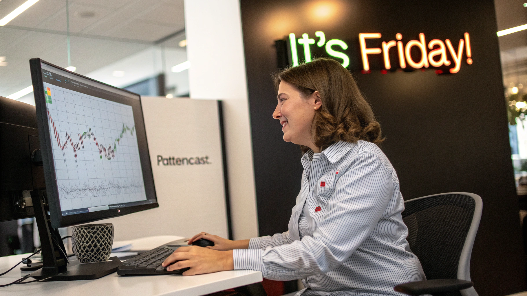 AI generated image by Red Panda AI: beautiful woman wears a shirt that says "PatternCast", she sits at a desk with a computer screen with stock charts, there is a sign that says "It's Friday!"