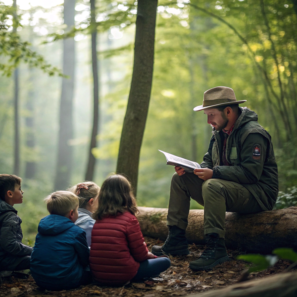 AI generated image by Red Panda AI: un profesor explorador contando un cuento a sus alumnos en un bosque
