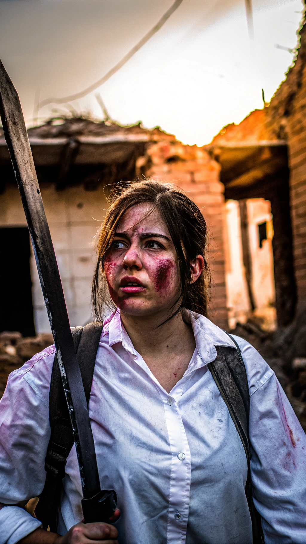AI generated image by Red Panda AI: "Ellie from last of us with her clothes and face smeared with blood, holding a bloodied machete, standing in the ruins of a battle, surrounded by defeated enemies, her expression cold and determined."