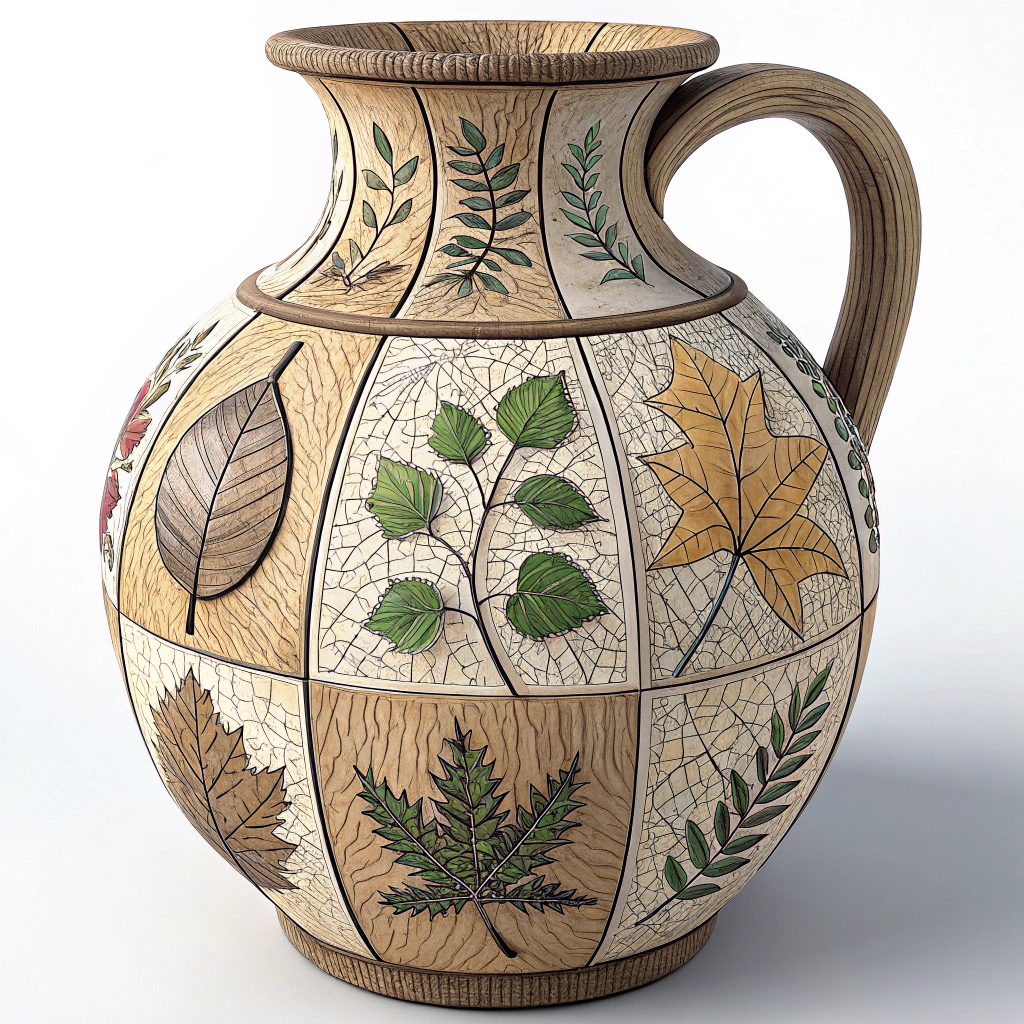 AI generated image by Red Panda AI: Jarrón con 11 particiones , cada partición tiene que tener una textura diferente, esas texturas tienen que ser de plantas y maderas. Las roturas del jarrón tienen que estar unidas con grietas, no puede estar roto, simplemente agrietado en 11 puntos. El jarron tiene que tener una asa.
