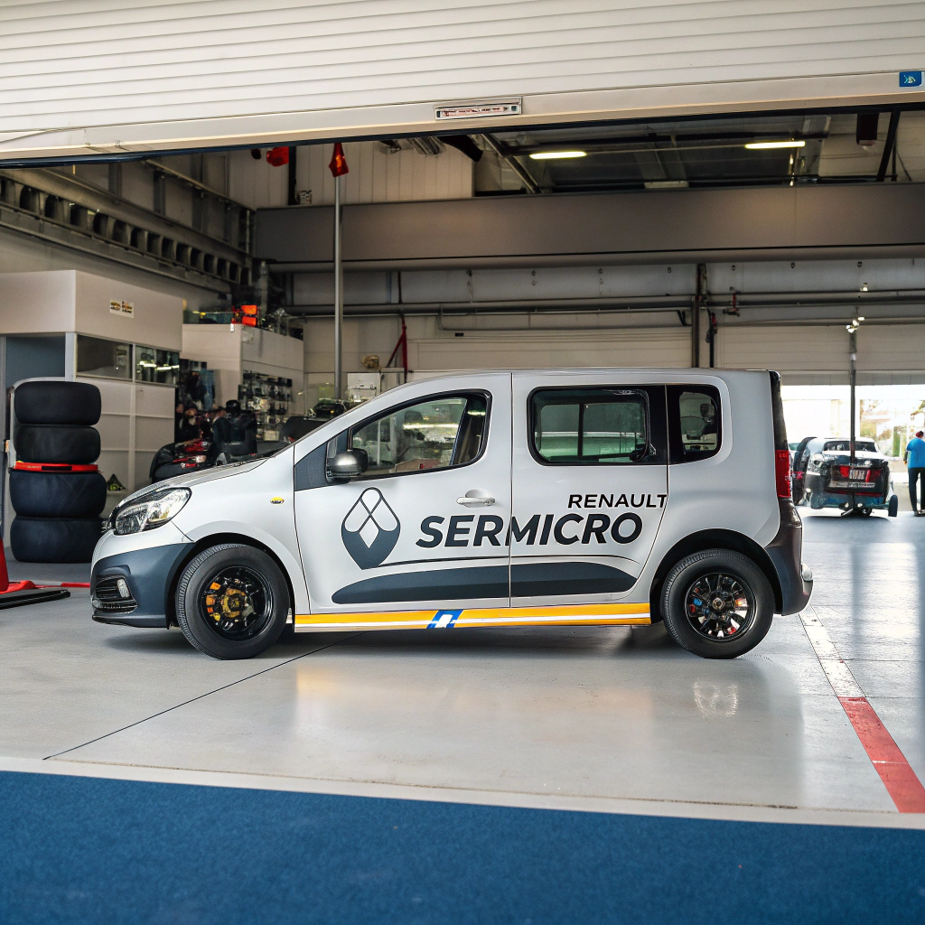 AI generated image by Red Panda AI: Una Renault express con el logo que ponga sermicro dentro de una escudería de fórmula uno