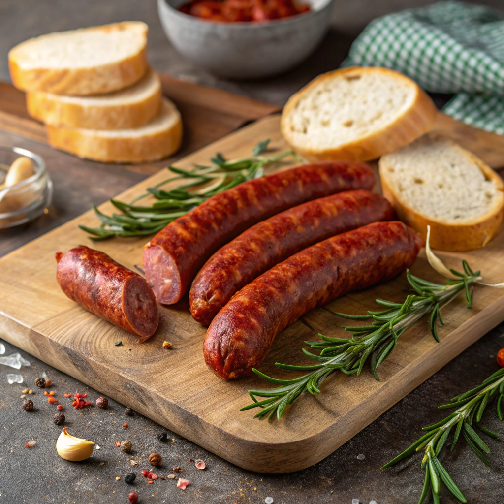 AI generated image by Red Panda AI: presentation of homemade lamb chorizo, a more traditional style