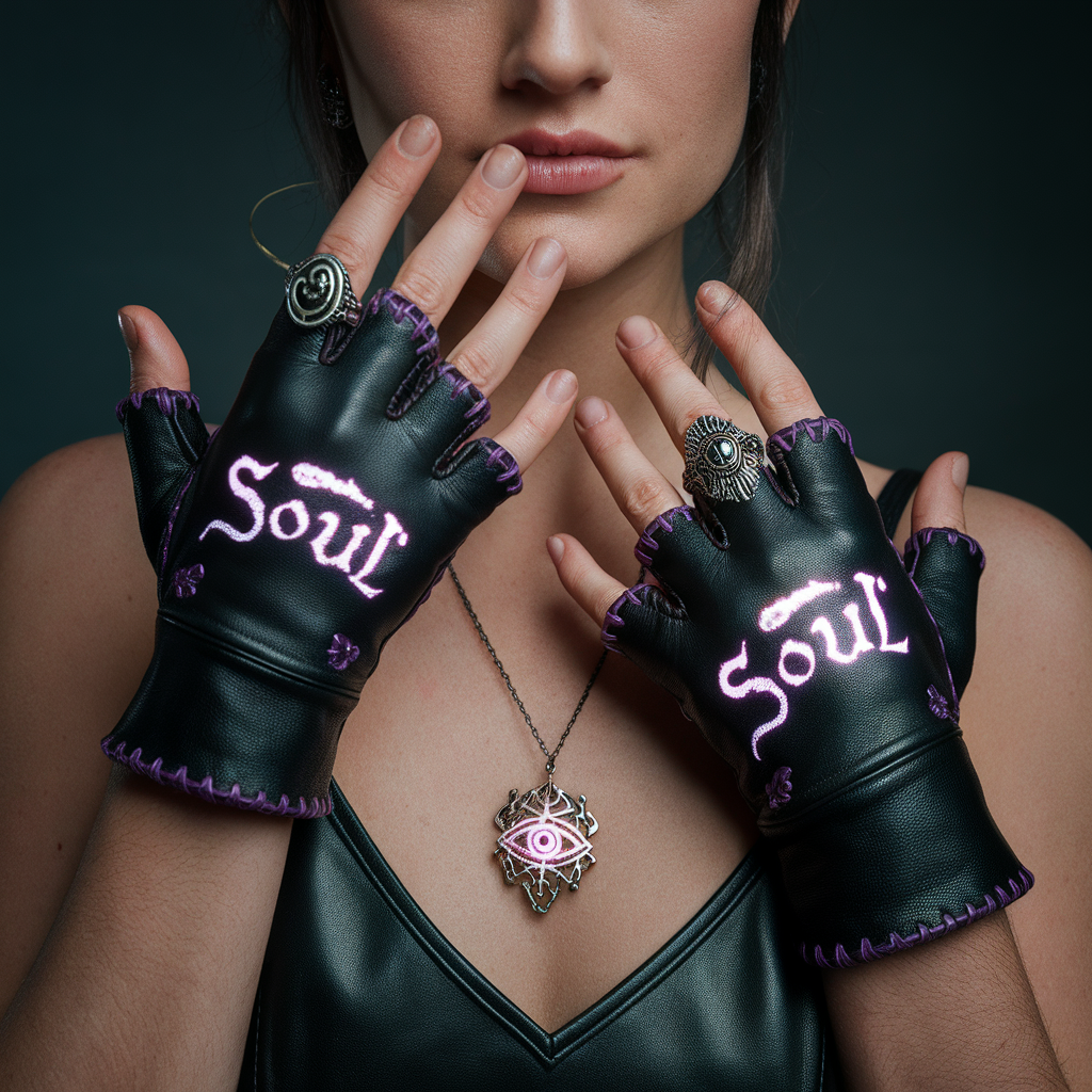AI generated image by ideogram 2.0: Gloves: Fingerless gloves in black leather with dark purple stitching and glowing "Soul" prints on the back.
Necklace: A pendant featuring a glowing eye or mystical symbol (matching the logo) on a black chain.
Rings: A few bold rings with occult-inspired designs (e.g., dragons, triangles, or glowing gems).
Cape (Optional): A short, flowing cape in dark purple with a "Soul" print on the inside, adding movement and drama to the look.