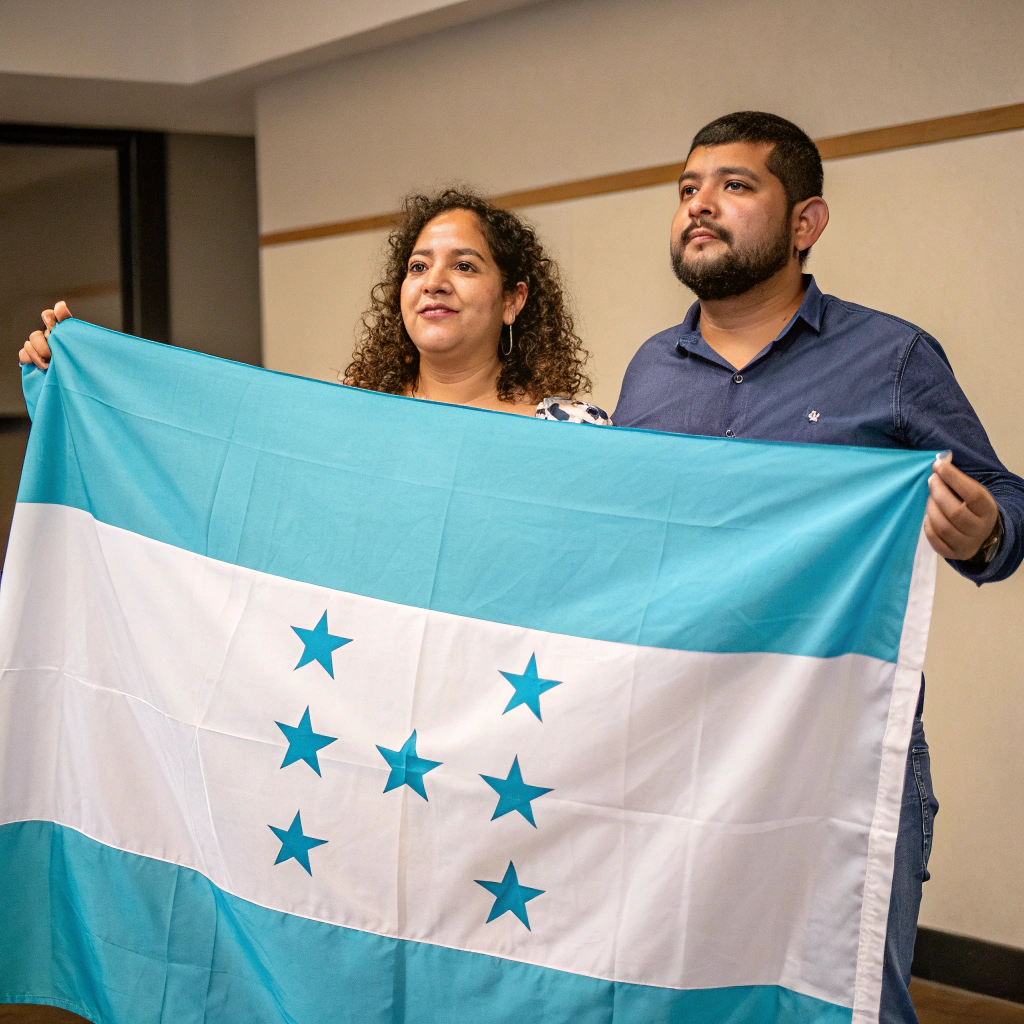 AI generated image by Red Panda AI: a latin american woman and man with expressions features, each holding a flag, the flag has three horizontal stripes: the top and the bottom stripes are turquoise blue, while the middle stripe is white. In the center of the white stripe, there are five turquoise blue five-pointed stars arranged in the shape of an ¨X´´ or a cross, with one star in the center and four stars surrounding it. The design should be simple, clean, and symmetric, ressembling an official flag appearance.