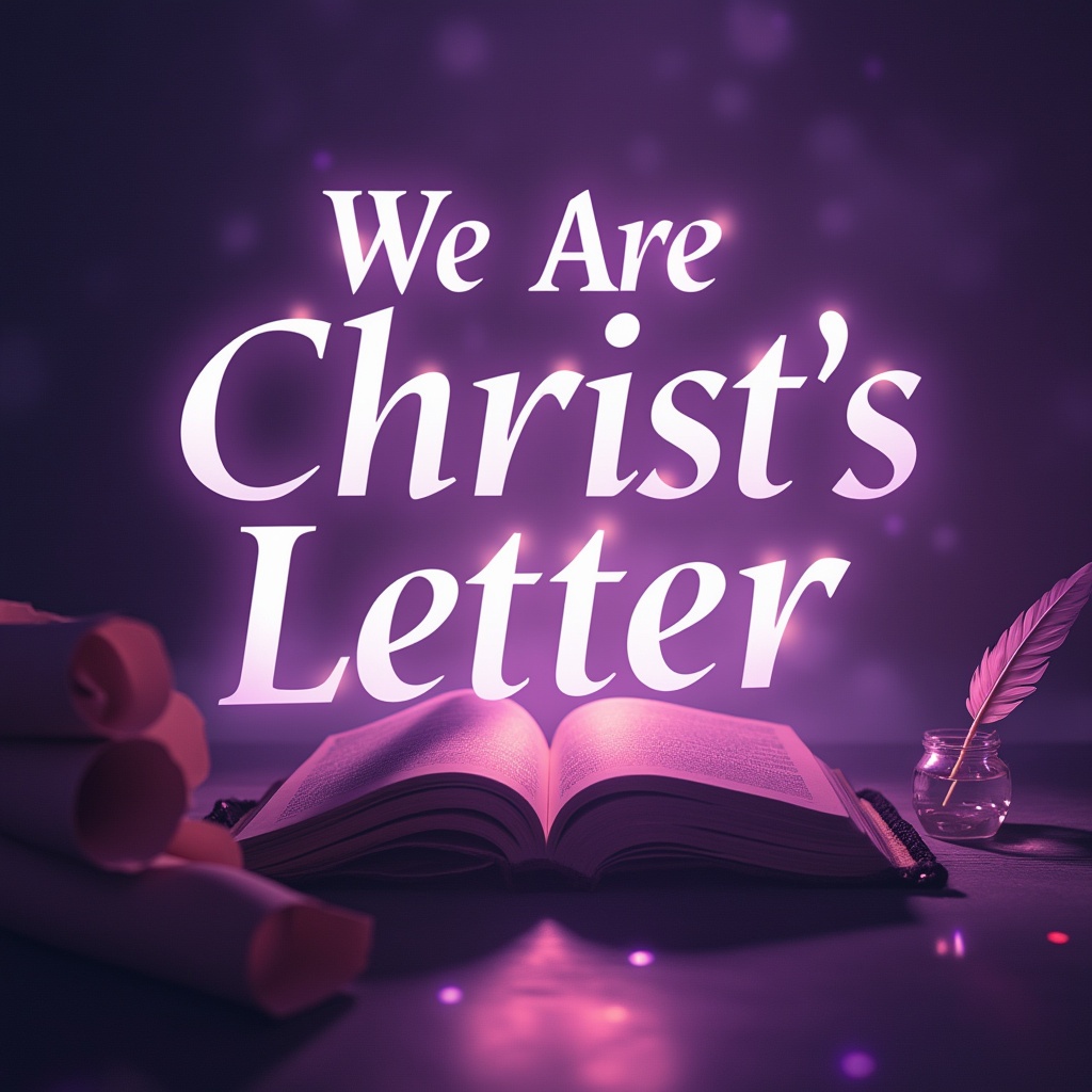 AI generated image by FLUX.1-pro: Sermon Title: "We Are Christ's Letter" Color Palette: purple light, soft gradients, glowing elements
Text on the Image:
"We Are Christ's Letter"
Light and darkness, faith and love – all reflected in our hearts.
Design: Background with purple light, creating an atmosphere of depth and spirituality. Soft glowing accents around the text to highlight the message. Elements that symbolize a letter or scripture (such as a quill, scrolls, or an open Bible) to connect the visual with the sermon theme.
This approach will evoke reflection and inspiration, fitting well with a Christian sermon theme.