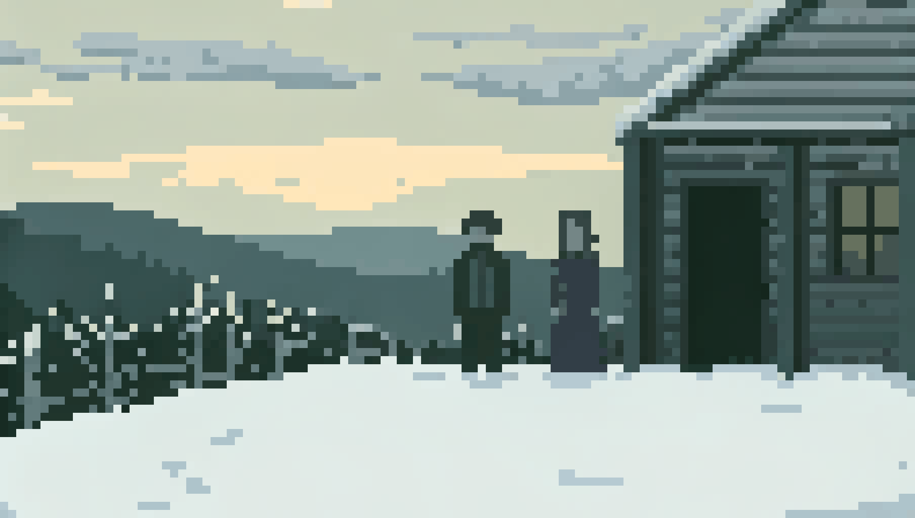 AI generated image by Red Panda AI: imagen de una pareja de un chico y una chica afuera de su casa en una montaña, donde hay nieve y el sol se esta escondiendo, atardecer naranja con enfasis del frio y nostalgia, que se vea la cara de la chica y el chico detalladamente, y que sea mas definida la imagen