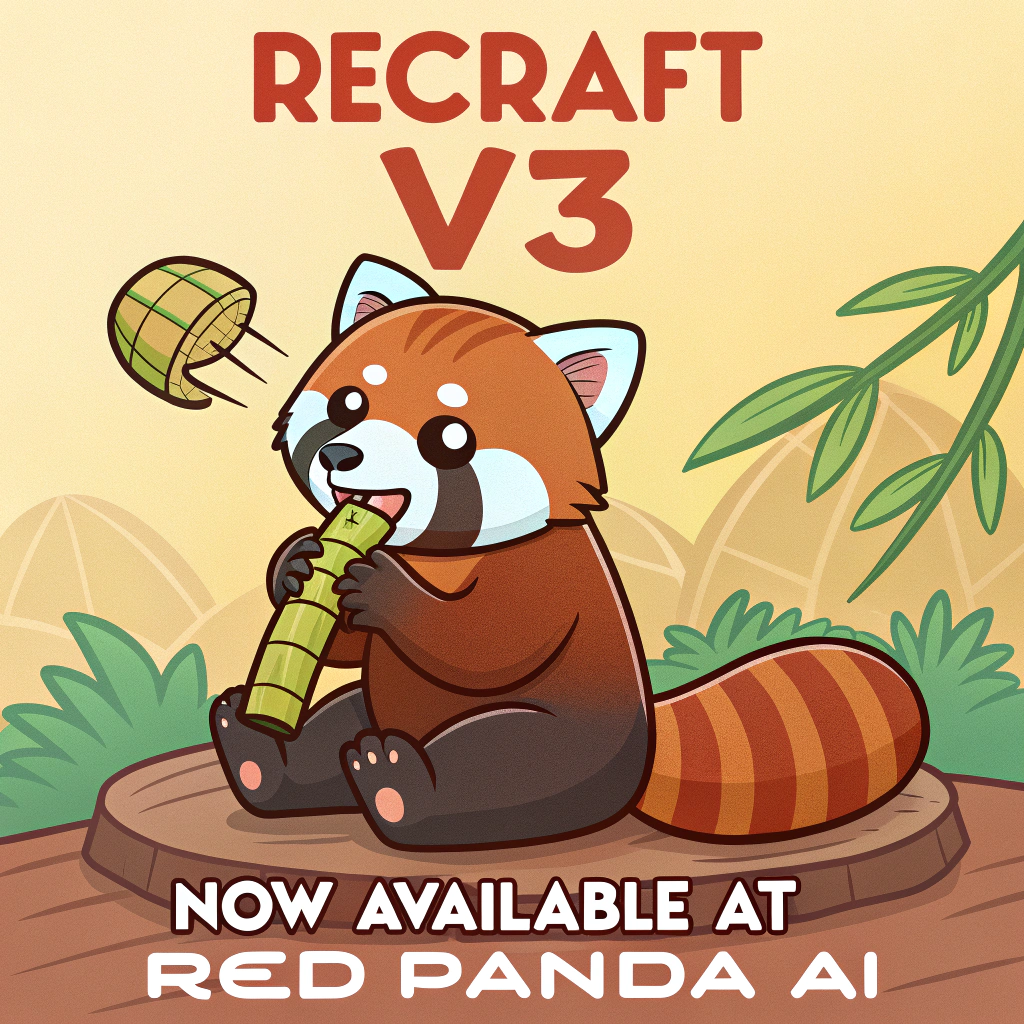 AI generated image by Red Panda AI: a red panda eating a bamboo in front of a poster that says "recraft V3 now available at red panda ai