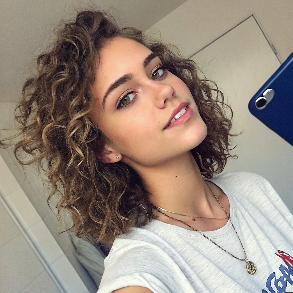AI generated image by Red Panda AI: An ultra-realistic smartphone selfie of a young woman in her mid-20s. The photo has the characteristic sharpness and vivid color of a high-end smartphone camera, with slight motion blur on one edge. The image is taken in natural daylight, causing mild overexposure on one side of her face. She has shoulder-length curly hair with grown-out highlights, and wears minimal, everyday makeup with slightly smudged eyeliner. Her expression is a genuine, slightly lopsided smile with a hint of tiredness around her eyes. She's wearing a comfortable, well-worn graphic t-shirt with a faded band logo. A thin silver necklace is partially tangled in her hair near her collar. The background is a lived-in studio apartment, with a unmade bed and a small bookshelf visible. A houseplant with a few yellowing leaves sits on a windowsill behind her. There's a small coffee stain barely visible on the collar of her shirt.