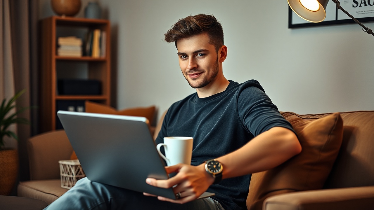 AI generated image by FLUX.1-schnell: A single young man sitting in a cozy room, working in front of a laptop. Inside the laptop area, there is a coffee cup placed beside it. The room is inspried that creates an inspiring and motivational vibe. The man has a slight, confident smile on his face, wearing modern, casual clothes and a stylish wristwatch.work energy, quiet focus, and startup hustle. Calibrate the victory of joy "