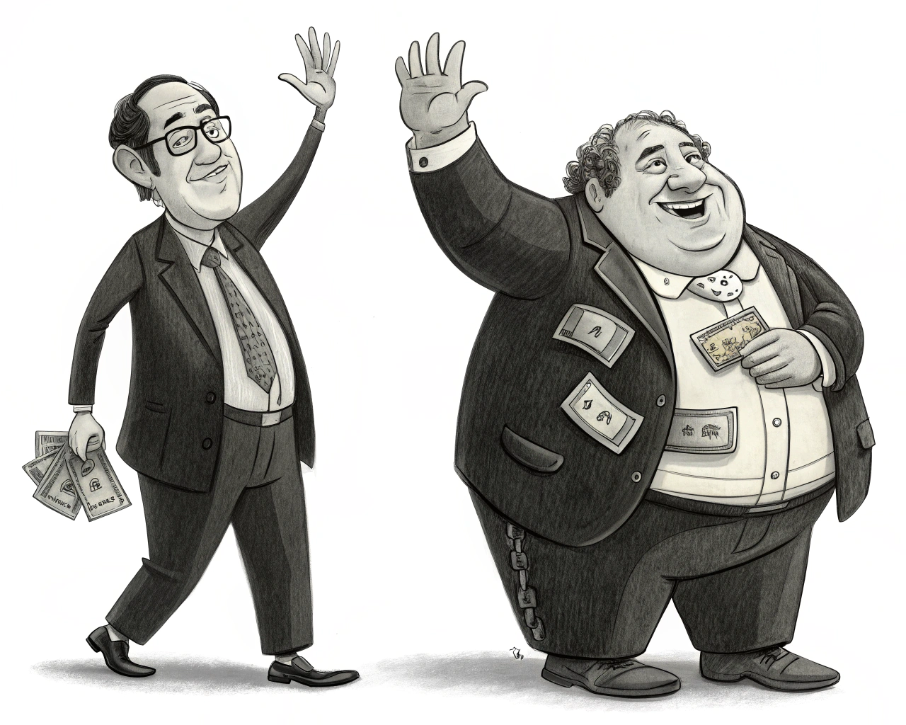 AI generated image by Red Panda AI: Illustration with the artistic style of Quino (creator of Mafalda), illustrate me a skinny politician waving with both hands and a chubby politician waving with money in his pockets, in black and white with a white background and both do not overlap