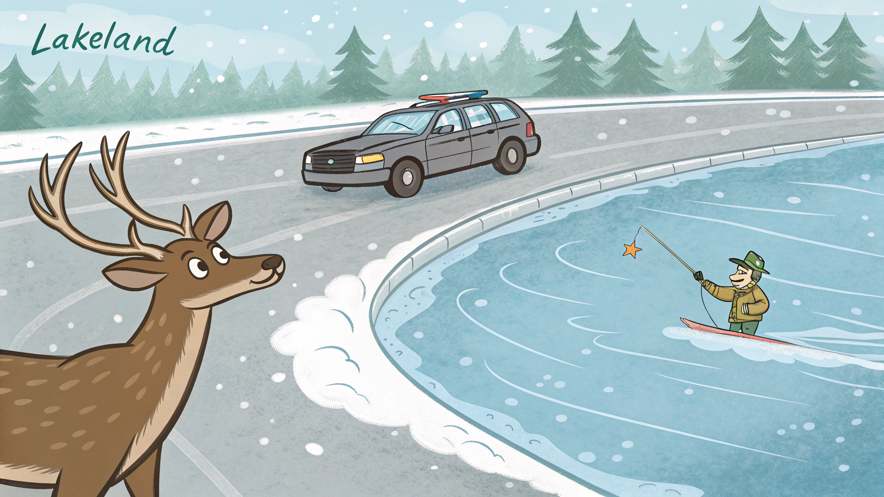 AI generated image by Red Panda AI: a deer is Ice fishing at "Lakeland", sheriff patrol races past on the highway chasing a drunk driver, cartoon style