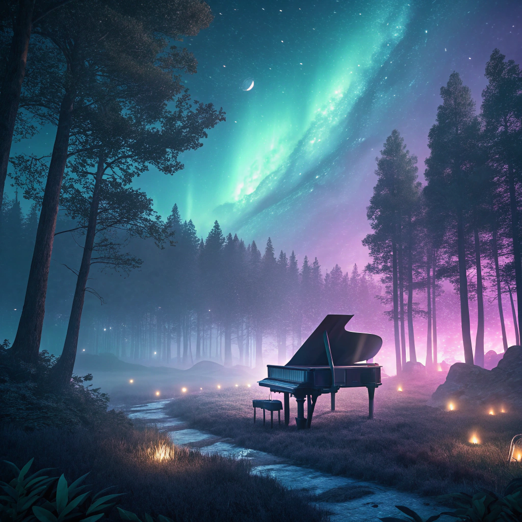 AI generated image by Red Panda AI: Album cover for Elio Virello. A dreamy, surreal landscape with a futuristic grand piano in the center of an ambient neon forest. Mist flows gently across the ground, while soft glowing lights float in the air. The sky is filled with aurora-like gradients in cyan, purple, and deep blue. The scene blends natural serenity with electronic elegance, evoking the feeling of New Age, instrumental, and jazzy EDM music. High-resolution, cinematic lighting, no text, centered composition.