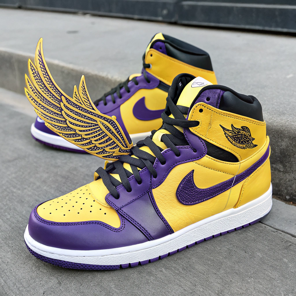 AI generated image by Red Panda AI: a michael jordan inspired air jordan shoe but change the colors to yellow and purple and add wings