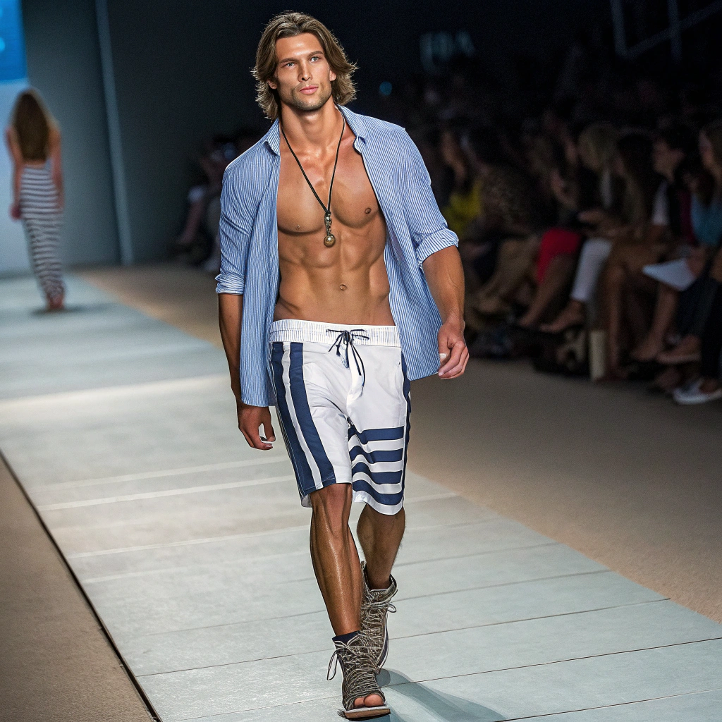 AI generated image by Red Panda AI: Uma cena ultra realista de um modelo masculino, corpo atlético bronzeado do sol, cabelos médios e castanhos com corte de cabelo estilo surfista. Desfilando na passarela em um desfile de modas vestindo moda praia, Camisa de linho Azul claro aberta, calção de banho comprido com estampa listrada na cor branco e preto e sandálias com tiras cruzadas de corda na cor cinza. IMG_1025.HEIC