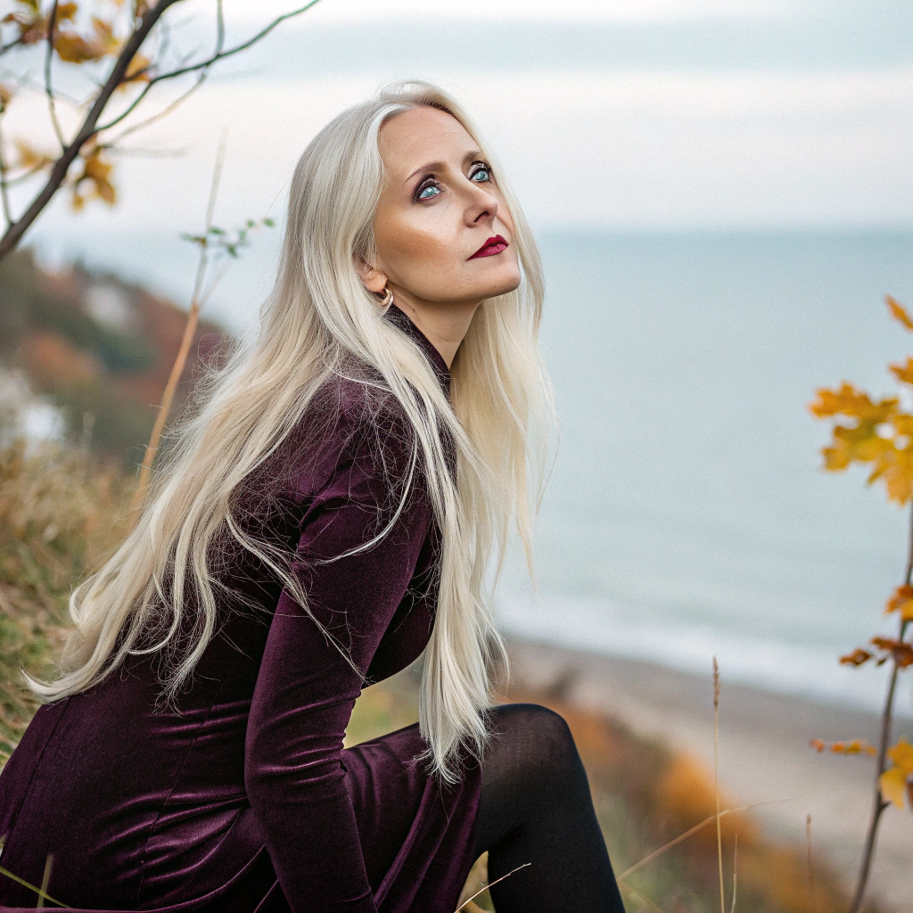 AI generated image by Red Panda AI: A beautiful woman in her 40s with long straight platinum blonde hair, green eyes, a tall, aesthetic nose, and a characteristic chin. In the autumn season, in a dramatic atmosphere, she is wearing a velvety plum-colored long-slit evening dress and black long tights. In the background, a blurry seaside view, ultra contrast and ultra high resolution.
