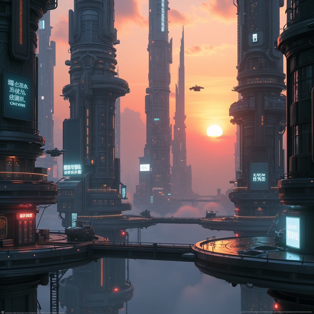 AI generated image by FLUX.1-pro: "A futuristic cityscape at sunset, with towering skyscrapers made of glass and neon lights, flying cars zipping through the air, glowing billboards in alien languages, elevated walkways between buildings, a soft orange and purple sky with a glowing sun partially hidden by haze, ultra-detailed, cinematic lighting, realistic reflections on glass, wide-angle view, 8K resolution, concept art, by Syd Mead and James Cameron style"
