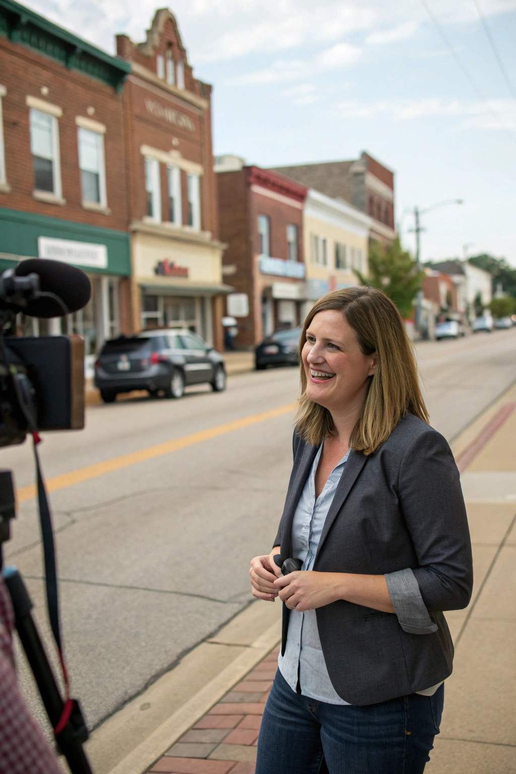 AI generated image by Red Panda AI: A candid photojournalistic portrait of a midwestern female in her early 30s, average looking, not super attractive, candid natural smile, minimal makeup, shoulder-length light brown hair, casual business attire, standing in a small-town newsroom, natural lighting, Canon 5D mark IV style, photojournalism, documentary photography, not posed, natural and in conversation