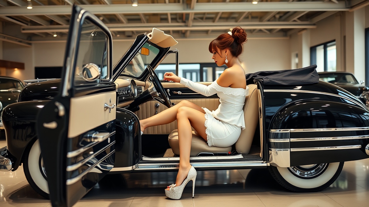 AI generated image by FLUX.1-schnell: Brightly lit showroom of exclusive classic car dealership. Perfectly restored black 1948 Chevrolet convertible with top down and driver's side door open. Car has high bench seat. Beige leather upholstery and light beige carpet. Beautiful tiny Hungarian woman 30 years old. Long brown hair gathered in a bun. Short torso, hourglass figure, short legs. Red lipstick, subtle eye makeup. Sparkling dangling white earrings. Elegant tight-fitting white off-shoulder minidress, long sleeves, lace trim, hemmed mid-thigh. Glittery white wedge mules with ultra high heel and lacy bow on vamp. Woman sitting behind the steering wheel facing front looking through the front windshield. Both legs uncrossed and under steering wheel. Both feet on floorboard. Right foot extended toward pedals. Camera positioned behind driver’s door aimed at feet and pedals. Car pedals visible.