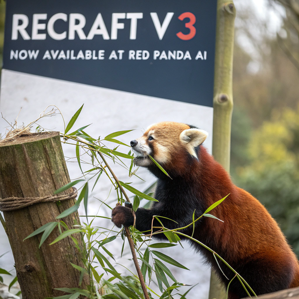 AI generated image by Red Panda AI: a red panda eating a bamboo in front of a poster that says "recraft V3 now available at red panda ai