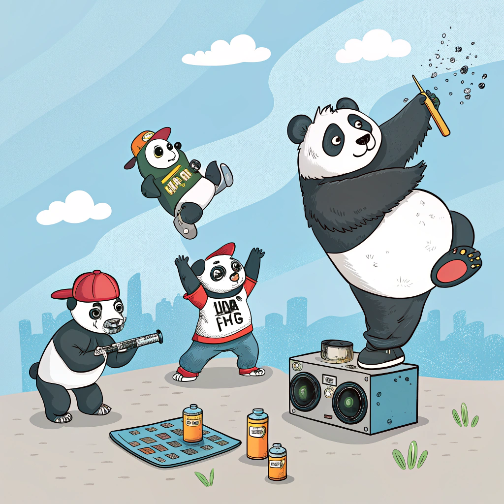 AI generated image by Red Panda AI: Crea imagen de una familia de pandas representando los 4 elementos del hip hop, y plasmandolos en el cielo. en la tierra imagina algo que represente las subbculturas desprendidas de estos elementos