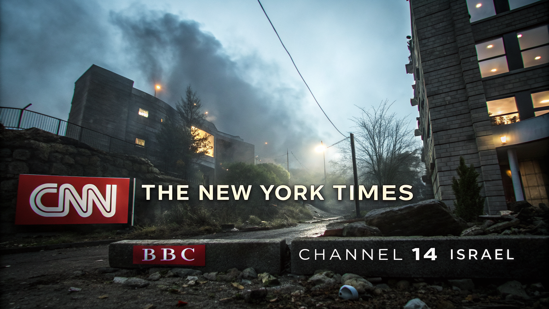 AI generated image by Red Panda AI: logos de medios basivos de comunicacion como CNN el New York Times y la BBC y canal 14 de Israel
Estilo dramático usando un realismo cinematografico ambiente de misterio