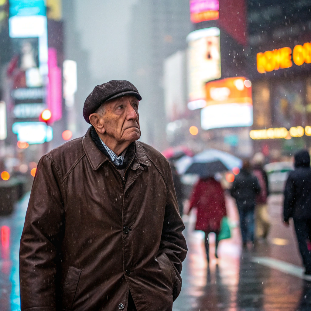 AI generated image by Red Panda AI: Old man walking in time square Garden. Rain. Medium shot. Frontal view.