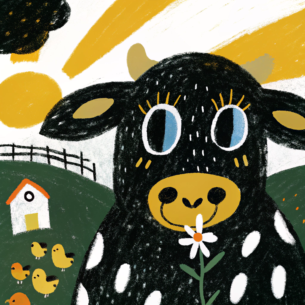 AI generated image by Red Panda AI: Create a colorful and cheerful cartoon-style illustration for a children’s farming-themed card game of A cartoonish, friendly cow with big eyes, spots, and a playful smile, possibly holding a flower in its mouth