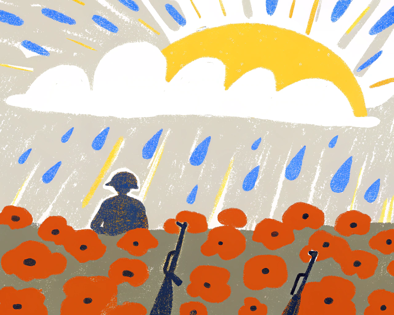 AI generated image by Red Panda AI: 11th month, a Remembrance Day tribute: a peaceful field of lush green grass and red poppies gently swaying under a quiet, grey morning sky, with the rising sun rays breaking through the clouds. In the foreground a soldier's helmet lay amongst the red poppies, bearing delicate water droplets. Silhouetted soldiers holding their rifles bow their heads in the distance, paying silent tribute. A soft sunrise breaks through the horizon, bathing the scene in warm light, symbolising a hopeful new dawn while honouring the memory of those lost. Artistic realism, rich detail, a calm yet reverent atmosphere.